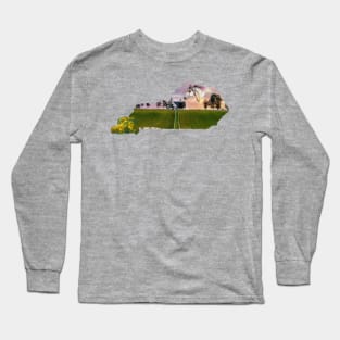 Kentucky State Shape Watercolor Horse Farm Goldenrods Long Sleeve T-Shirt